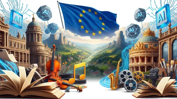 European creative industries clash with AI regulation amid EU flag and digital technology symbols.