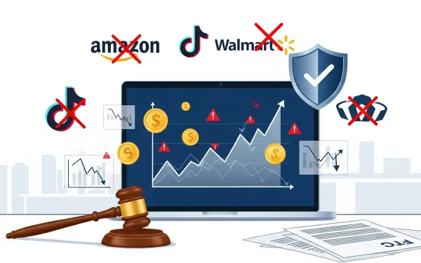 FTC enforcement action against e-commerce fraud scheme showing fake earnings charts and legal gavel 