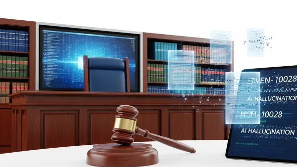 Modern courtroom with AI technology displaying legal citations and digital evidence on screens and tablets.