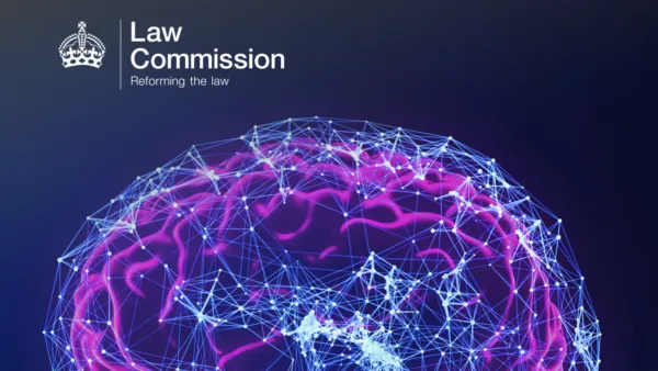 AI legal framework challenges visualized through neural network brain illustration for Law Commission discussion paper.