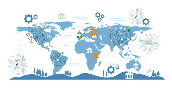 Digital competition outlook map showing AI, regulatory frameworks, and global tech policy developments across continents.