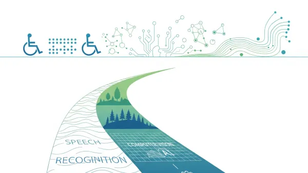 Digital landscape showing AI accessibility journey from traditional symbols to neural networks on white background.