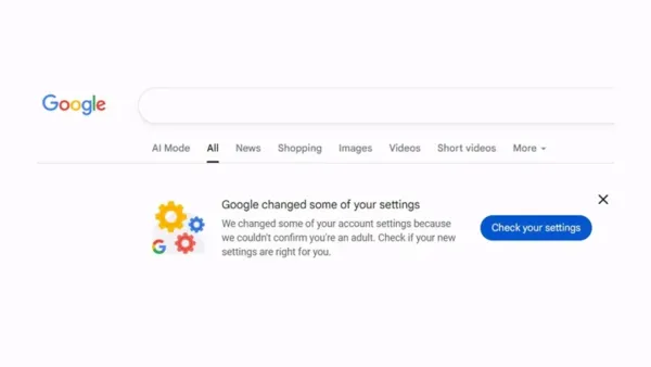 Google Search age verification prompt showing account settings change notification for adult confirmation