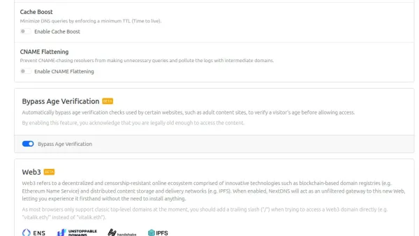 NextDNS Bypass Age Verification feature settings interface showing beta toggle and Web3 support options for privacy protection.