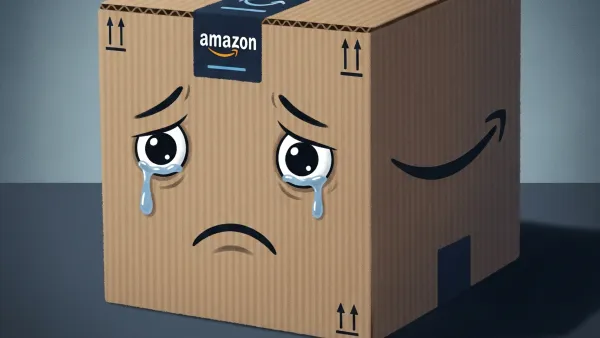 Amazon delivery boxes with sad faces crying, symbolizing seller struggles during economic recession and declining sales.