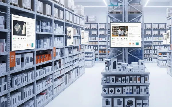 Modern Amazon fulfillment center showing organized product variations and digital listing interfaces