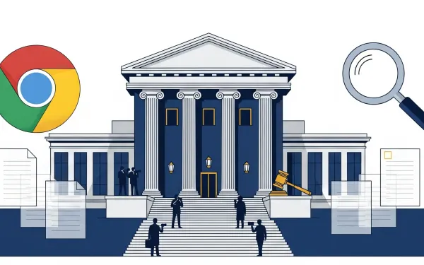 Google Chrome logo and search icon flank federal courthouse in antitrust case illustration
