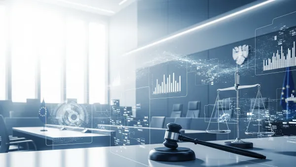 Modern courtroom with digital data overlays representing Austrian GDPR automated decision transparency ruling