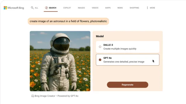 Microsoft Bing Image Creator interface showing GPT-4o and DALL-E3 model selection with astronaut image example.