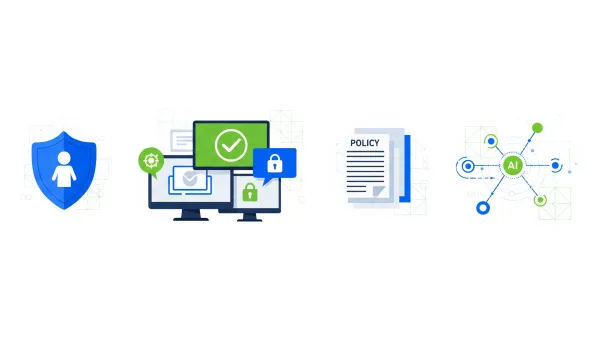 Digital child safety concept showing protective shields, secure platforms, policy documents, and AI detection systems on white background.