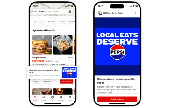 Yelp's new Local Co-branded Showcase Ads featuring Pepsi and Burger Fusion restaurant partnership