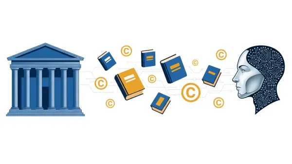 AI copyright lawsuit illustration showing courthouse, books, and artificial intelligence head