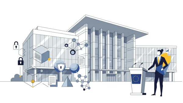 German court building with data protection officer and GDPR compliance symbols illustration