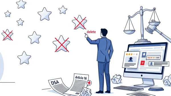 European businessman deleting negative reviews using DSA Article 16 regulations on computer screen