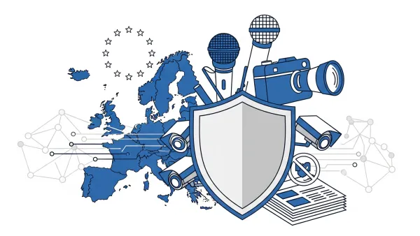 European shield protecting journalists from surveillance with EU map, microphones, cameras and network data streams