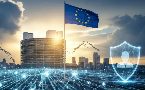 EU flag over Brussels with digital shield and breaking chains symbolizing DSA protection