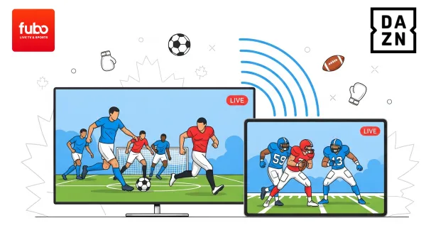 Fubo and DAZN streaming platforms displaying live soccer and NFL games with Canadian maple leaf symbols