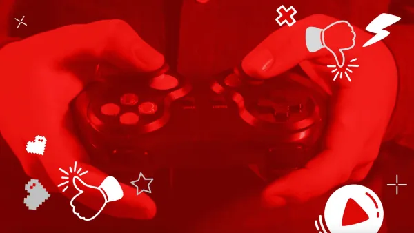 Gaming controllers on red background showing consumer research findings on gamer spending patterns vs non-gamers.