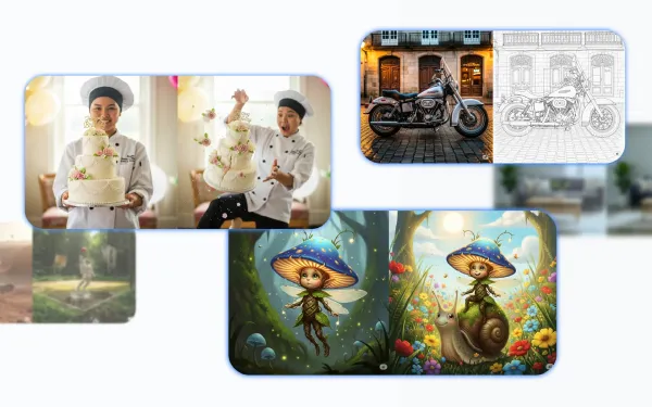 AI image generation showcases: chefs with cakes, motorcycle style transfer, mushroom sprite character consistency