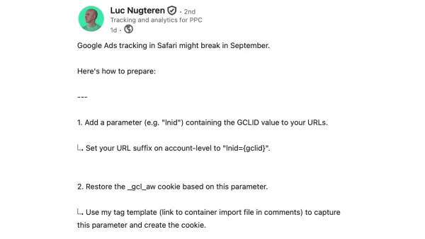 Google Ads tracking expert Luc Nugteren shares Safari preparation steps for September GCLID protection.