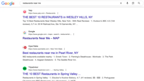 Google Maps search results now appearing in organic rankings for "restaurants near me" queries, showing indexed URLs.