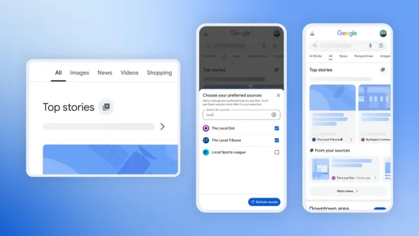 Google Preferred Sources interface showing source selection and personalized news results