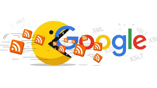 Google Pac-Man consuming RSS feeds and XML technologies, illustrating browser vendor attack on open web standards