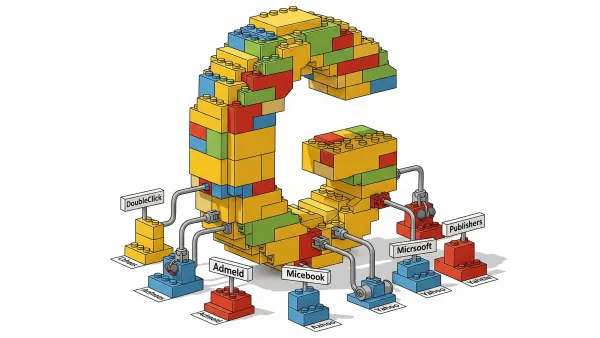 LEGO blocks forming Google's "G" logo absorbing smaller company blocks via pipes on white background