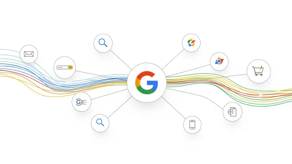 Network diagram showing Google's Search Partner transparency with connected sites and data flows across advertising platforms.