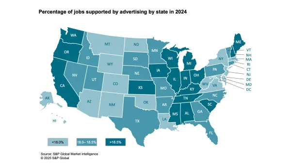 Map shows advertising supports 14.1-19.7% of jobs across all US states, with Midwest leading growth.