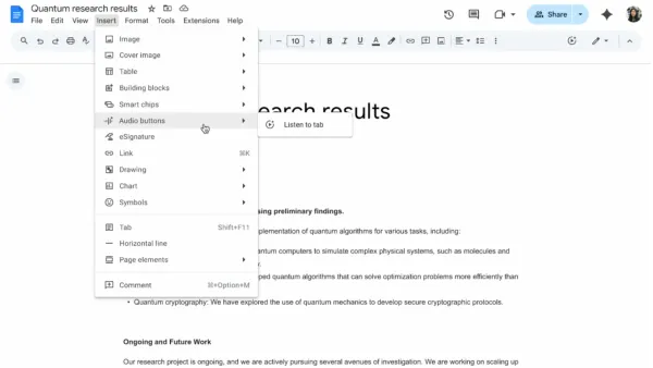 Audio buttons menu in Google Docs Insert tab showing new Gemini text-to-speech integration feature