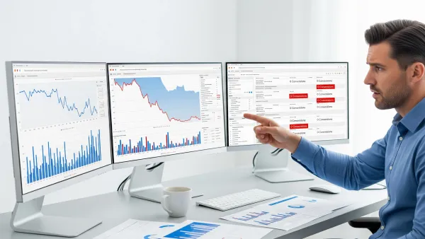 Marketing professional analyzing disappointing AI Max campaign data showing zero conversions on multiple screens.