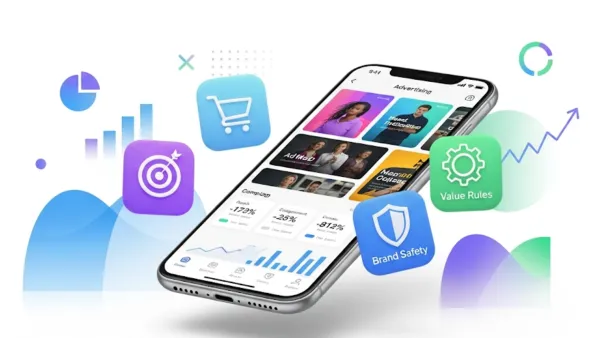 Meta advertising interface displaying new features: targeted offers, value rules, brand safety controls, and AI-powered campaign optimization tools for enhanced marketing performance.