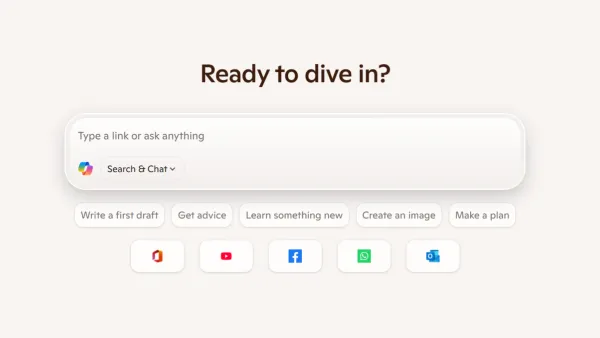 New Copilot Mode homepage in Microsoft Edge showing unified search and chat interface with AI-powered browsing tools.