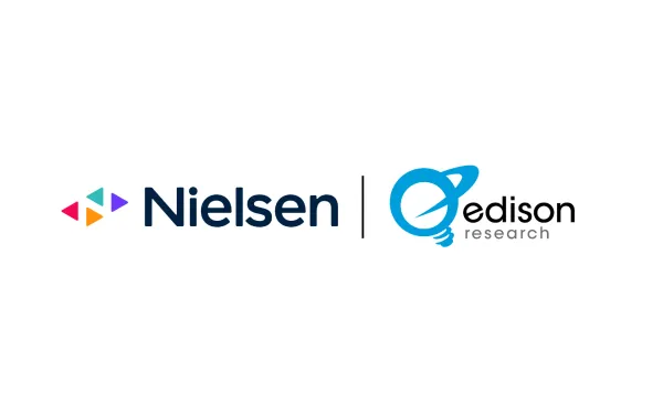 Nielsen and Edison Research logos announcing podcast measurement collaboration for unified media planning across platforms.