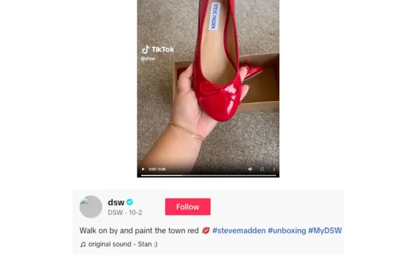 DSW TikTok post featuring red Steve Madden shoes with "Paint the Town Red" song, cited in Sony lawsuit