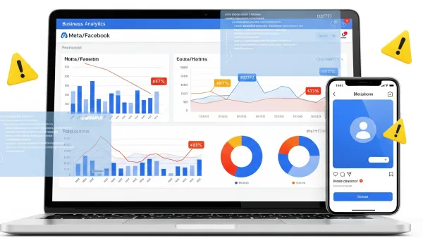 Meta Business Analytics dashboard showing declining API metrics with deprecation warnings and mobile interface updates.
