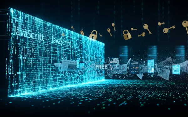 JavaScript code waterfall with floating locks representing paywall security vulnerabilities online