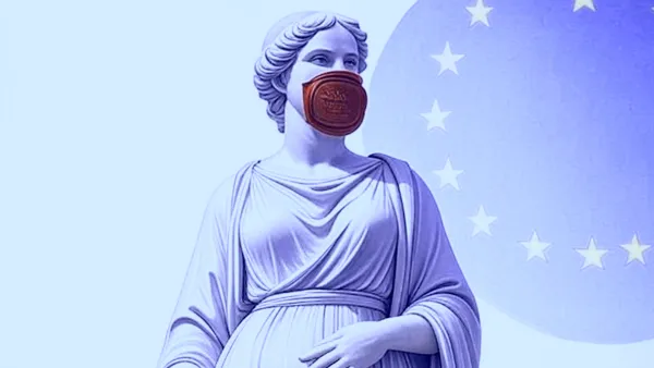 Classical statue of Europa with censorship seal over mouth against EU flag background symbolizing restricted speech.