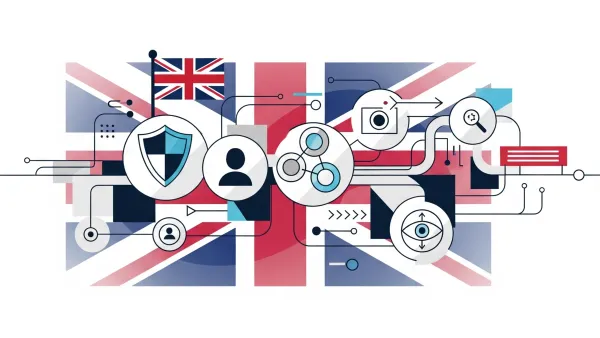 UK flag with digital privacy icons showing data protection and online safety compliance systems.