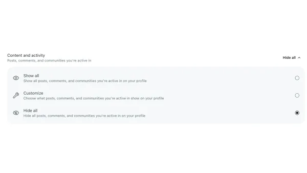 Reddit profile privacy settings interface showing options to hide all posts, comments, and community activity from public view.