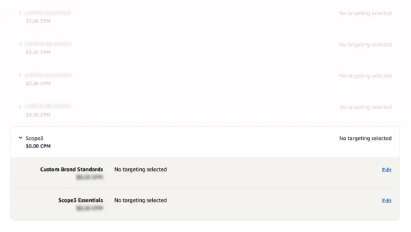 Amazon DSP interface showing Scope3 brand safety targeting options with Custom Brand Standards and Essentials.