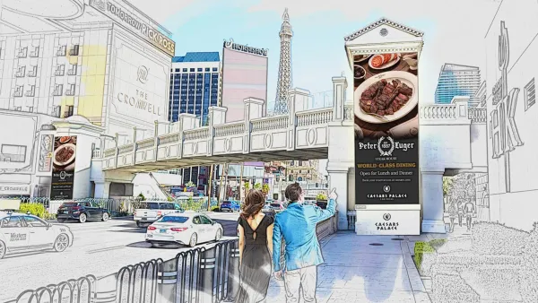 Vegas Strip Tower Network LED displays positioned on pedestrian bridges targeting 40M annual visitors.