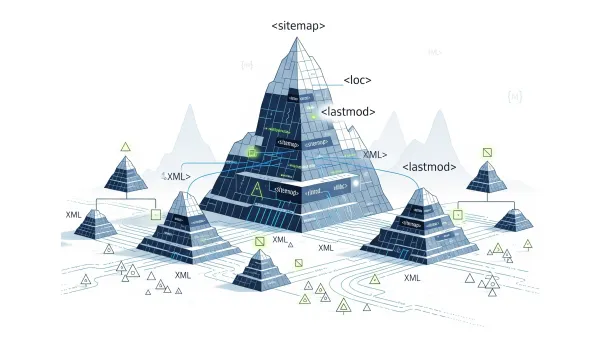 Digital landscape showing XML sitemap structure with pyramids representing hierarchical content organization for AI search engines.