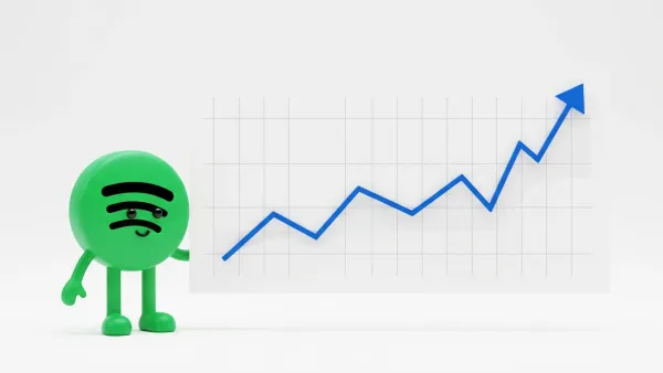 Spotify toy character standing next to rising price chart showing premium subscription increases globally.