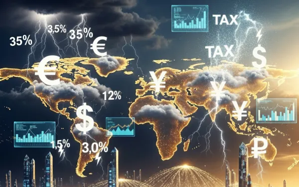 Digital world map showing global tax changes with lightning and currency symbols representing Apple's new App Store rates.