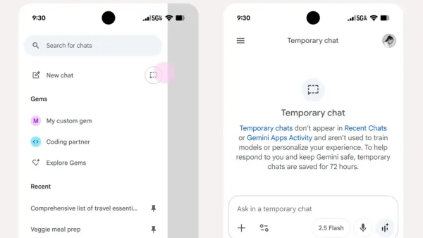 Gemini app interface showing new Temporary Chat feature with 72-hour data retention and privacy controls