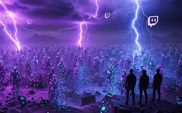 Massive Twitch viewbot purge strikes fake audiences as lightning illuminates digital wasteland ruins