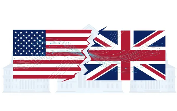 US and UK flags with digital data streams showing regulatory conflict over Online Safety Act lawsuit.