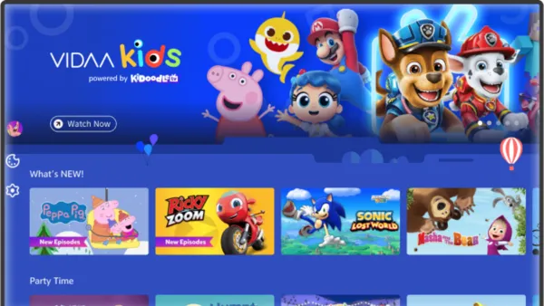 VIDAA Kids interface featuring popular children's shows like Peppa Pig, Paw Patrol on smart TV platform
